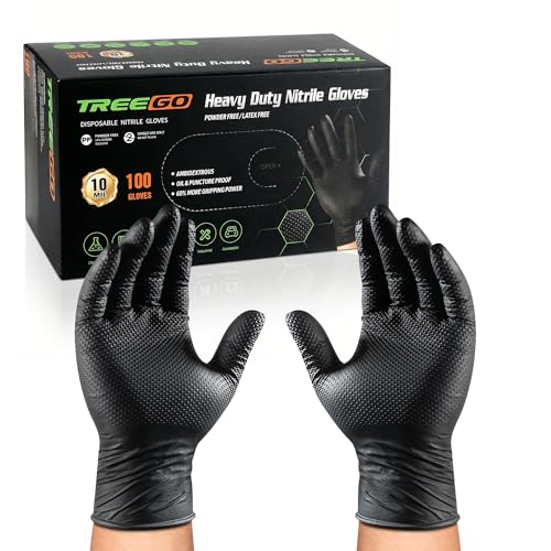 TREEGO 10 Mil Heavy Duty Black Nitrile Mechanic Gloves, 100 Count M | Diamond Grip Rubber Gloves, Latex & Powder Free for Auto Repair, Routine Maintenance, Tool Handling & Shop Work - color: Black 100, size: Medium