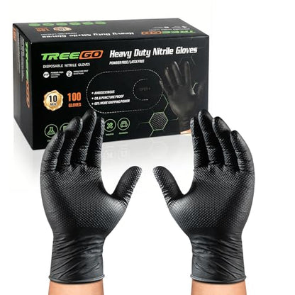 TREEGO 10 Mil Heavy Duty Black Nitrile Mechanic Gloves, 100 Count M | Diamond Grip Rubber Gloves, Latex & Powder Free for Industrial Maintenance, Equipment Repair & Daily Professional Use - color: Black 100, size: Large