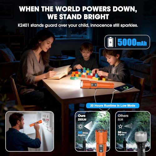 Rechargeable Tactical Flashlights 2000 High Lumens - 5000mAh Super Bright LED Powerful Flash Light, Waterproof Handheld USB C Flashlight for Home,Car,Camping,Emergencies,5 Modes,Zoomable (1, Orange) - color: Orange