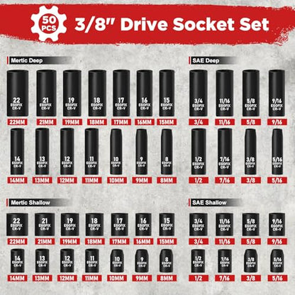 3/8" Drive Impact Socket Set, 50 Piece Standard SAE (5/16 to 3/4 inch) and Metric (8-22mm) 6 Point, with Adjustable Ratchet Handle, Extension Bars, Impact Universal Joint, Adapter, Cr-V Steel - style: 3/8-50PCS