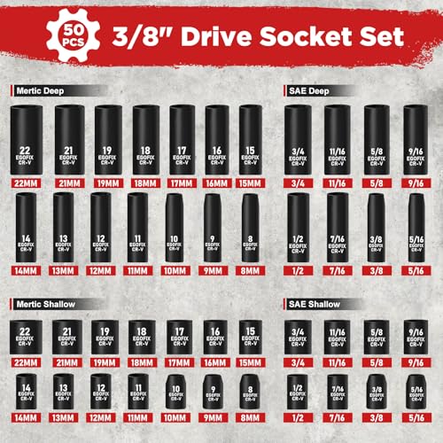 3/8" Drive Impact Socket Set, 50 Piece Standard SAE (5/16 to 3/4 inch) and Metric (8-22mm) 6 Point, with Adjustable Ratchet Handle, Extension Bars, Impact Universal Joint, Adapter, Cr-V Steel - style: 3/8-50PCS