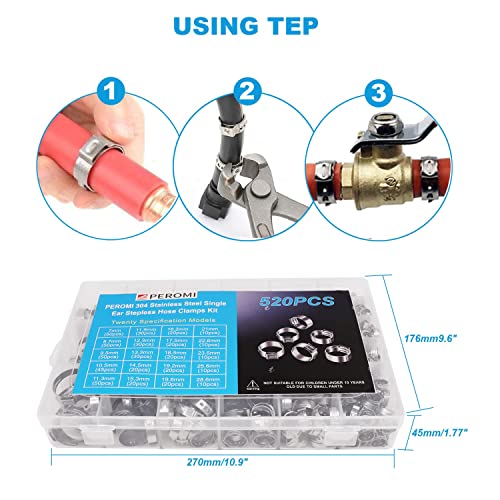 520 Pcs PEX Cinch clamps Ring, 20 Sizes 1/4-1 Inch Stainless Steel Single Ear Stepless Hose Clamps Assortment Kit for Water Pipe, Plumbing and Automotive Use - size: 20 Sizes (6-28.6 mm) without Pincer