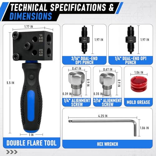 Brake Line Flaring Tool Kit, 45° SAE Single/Double & Bubble Flare Tool | Removable Handle, for 3/16", 1/4" Copper & Aluminum Tubing, for Vehicle Brake and Hydraulic Line Repair