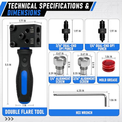 Brake Line Flaring Tool Kit, 45° SAE Single/Double & Bubble Flare Tool | Removable Handle, for 3/16", 1/4" Copper & Aluminum Tubing, for Vehicle Brake and Hydraulic Line Repair