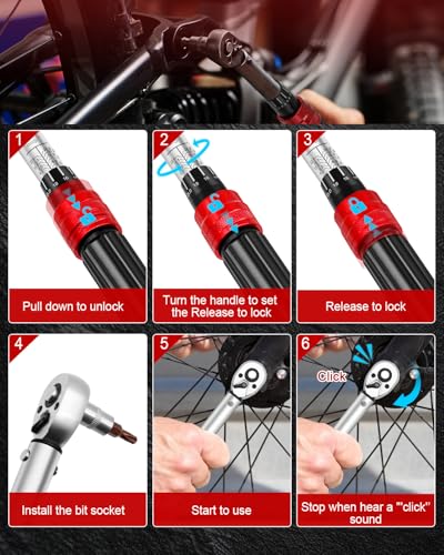 1/4inch Drive Torque Wrench Set, 32-Piece 20-220 in.lb (2.3-25 Nm) Click Bicycle Torque Wrench with Bit Sockets, 0.1 Nm Micro, 72-Tooth Ratchet, 3/8 Adapter, for MTB, E-Bike, Motorcycle - size: 10-220 In.Lb, style: 1/4-Inch