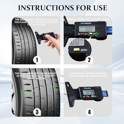 Tire Tread Depth Gauge, Tire Depth Gauge Tool, Digital LCD Display Tread Checker with Inch and MM Conversion, Car Accessories Analog Tire Pressure Gauges Universal for Car Motorcycle Truck SUV