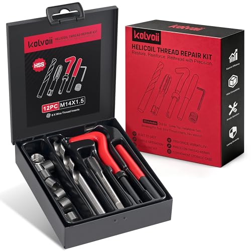 Kolvoii M14 x 1.5 Helicoil Thread Repair Kit, Metric Thread Repair | Repair oil drain plugs and heavy machinery threads with HSS drill, tap and stainless steel insert components - size: M14X1.5