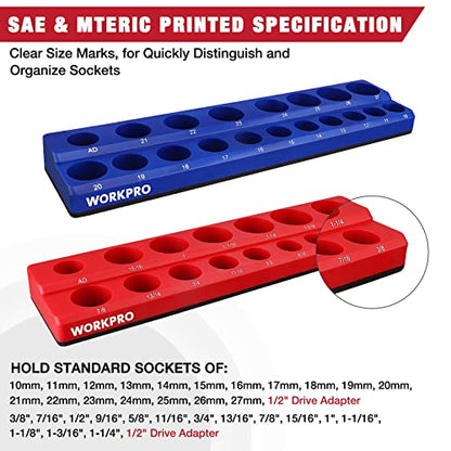 WORKPRO 1/2-inch Magnetic Socket Organizer Set, 2-Piece SAE & Metric Magnetic Socket Holders, Holds 35 Standard Sockets for Tool Box, Tool Carts (Sockets Not Included) - size: 1/2" SAE&Metric