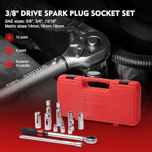 WIILDIS 14 PCS 3/8 Inch Drive Spark Plug Socket Set with Click Torque Wrench（5-45 Lb.ft/6.8-61.2 Nm）, Magnetic Swivel Sockets, Universal Joint, Extension Bar, Cr-V Steel - size: 14 PCS