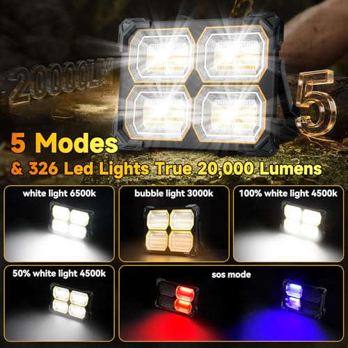 200W Led Work Light Rechargeable,20000MAh Solar Portable Light, 20000LM Magnetic Work Lights, 326 Led Battery Work Lights with Stand 5 Lights Modes IP66 Waterproof for Outdoor Camping Car Repairing