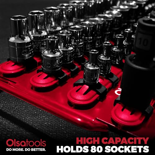 Olsa Tools Socket Organizer Tray - Portable Red Rail with Black Clips - Stores 80 Sockets Securely - Professional-Grade Socket Holder - Part 1047 - color: Red Tray/Black Clips