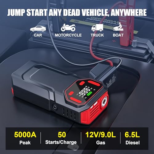 10-in-1 Jump Starter with Air Compressor,5000A Battery Jump Pack 150PSI | Jump Box((All Gas/12L Diesel) ),Spark-Proof & Reverse Polarity Protected, Portable Tire Inflator,LED Light
