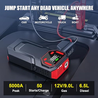 10-in-1 Jump Starter with Air Compressor,5000A Battery Jump Pack 150PSI | Jump Box((All Gas/12L Diesel) ),Spark-Proof & Reverse Polarity Protected, Portable Tire Inflator,LED Light