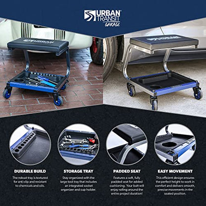 URBANTRANSIT Fastback Shop Stool - 350 Lb Capacity Rolling Stool for Garage & Workshop, with Organizer Tray & Cupholder - 3 Inch Premium Casters