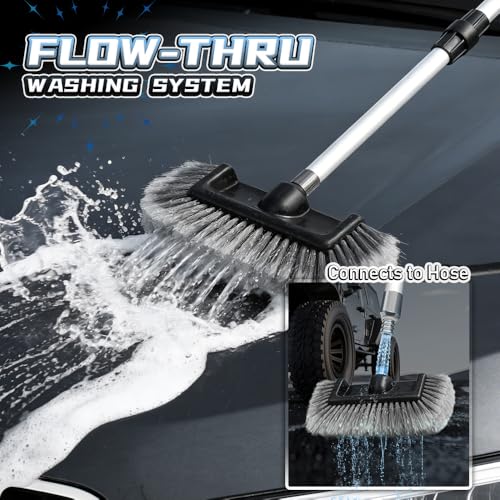 65" Car Wash Brush with Long Handle, Flow-Thru Car Washing Brush with Hose Attachment, Scratch-Free Soft Bristles for RV, Truck, SUV, Boat & House Siding Cleaning, Aluminum Extension Pole|Grey - color: Gray