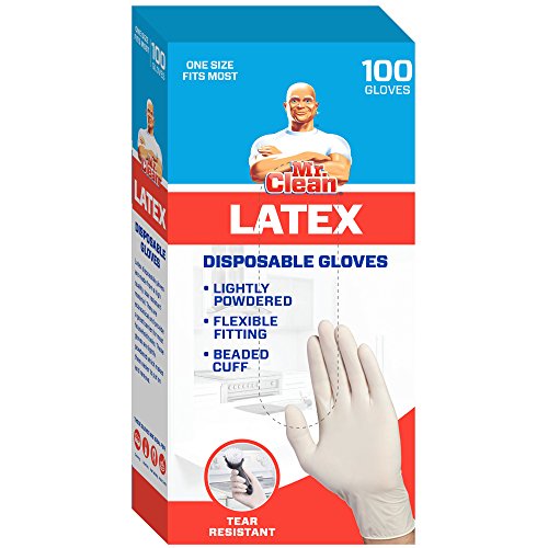 Mr Clean Latex Gloves Disposable Single Use Lightly Powdered Non-Sterile Multipurpose Uses One Size Fits Most Tear & Puncture Resistant Design 9.5-Inch Long with Beaded Cuff, 100-Count, Blue - size: 100 Count (Latex)