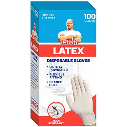 Mr Clean Latex Gloves Disposable Single Use Lightly Powdered Non-Sterile Multipurpose Uses One Size Fits Most Tear & Puncture Resistant Design 9.5-Inch Long with Beaded Cuff, 100-Count, Blue - size: 100 Count (Latex)