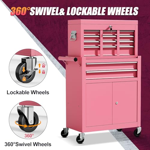 10-Drawer Rolling Tool Chest with Wheels, Rolling Tool Chest Heavy Duty, 2 in 1 Lockable Tool Box with Drawers, High-Capacity Mechanic Tool Organizer, Adjustable Shelf & Detachable Top Cabinet - color: Pink