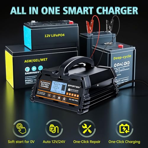 40A Battery Charger, 12V/24V Lead Acid Charger, 12V LiFePO4 Charger. Smart Battery Charger with Trickle Charge.Car Battery Maintainer with LCD Display. Suitable for Trucks,AMG,Motorcycles - size: 40A