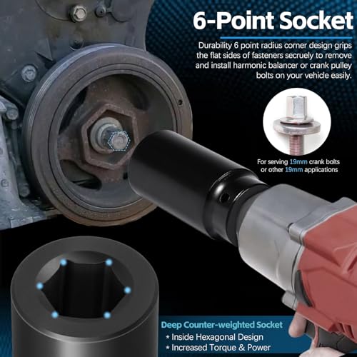Harmonic Balancer Socket Tool 77080 for Honda 19mm Crank Bolt Socket, 3 Times Momentum Power of Standard Impact Sockets, Deep Counter-Weighted Design Increased Torque - size: 19mm