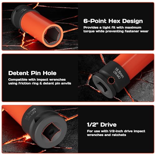 7-Piece 1/2" Drive Lug Nut Impact Socket Set (16.5-22.5mm), Non-Marring Design for Swollen or Seized Wheel Nuts, CR-MO Steel