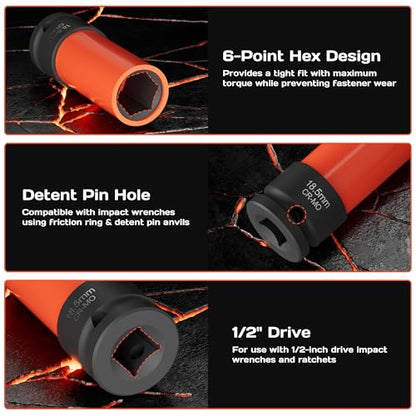 7-Piece 1/2" Drive Lug Nut Impact Socket Set (16.5-22.5mm), Non-Marring Design for Swollen or Seized Wheel Nuts, CR-MO Steel