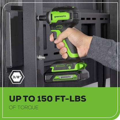 Greenworks 24V 3/8" Brushless Cordless Impact Wrench, 3/8 Inch, 150 ft.-lbs Torque, Lightweight and Compact, with 2.0Ah Battery and Charger, PA147K - size: 150 ft.-lbs., style: w/2Ah Battery