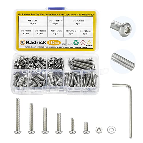 Kadrick 304 Stainless Steel Screws,180 Pcs Button Head M5 Metric Screw Assortment,M5x8mm,12mm,16mm,20mm,25mm,30mm Hex Socket Bolts Nuts Washers Kit with 1 Hex Allen Wrench - size: SS M5 180Pcs 10-30mm