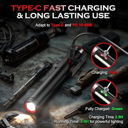 Rechargeable Pen Light, 800 Lumens LED Pen Flashlights 6 Modes COB Magnetic Flashlight with Clip Bright Pocket Flashlights Work Light Portable Waterproof Durable Penlight for Work Emergency - size: 5.39in