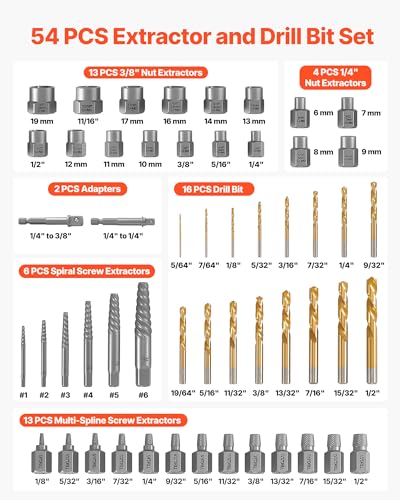 VEVOR Bolt Extractor Kit, 54 Pieces Easy Out Screw Extractor Set, Left Hand Drill Bit Set, Multi-Spline Extractors, for Removing Damaged, Stripped, Broken, Rusted, Rounded-Off Bolts, Nuts & Screws - size: 54 PCS