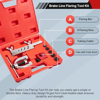 Clatoon Brake Line Double & Single Flaring Tool Kit with Tubing Cutter, Brake Line Repair Kit for Copper, Aluminum, Brake Line and Brass Tubing, Flare Tool kit Includes 5 Adapters, 45 Degrees