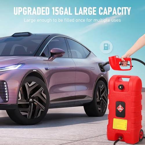 15 Gallon Gas Can, Fuel Tank Container with LE Fluid Transfer Manual Siphon Pump & 10FT Hose, Portable Diesel Gas Storage Caddy with Wheels for Car, ATV, Weeder, Boat, etc., Red - color: Red