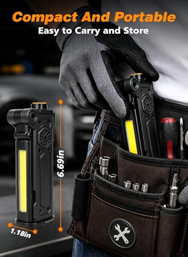 Rechargeable LED Work Light, 5000mAh Magnetic Flashlight with Stepless Dimming, SOS Red Strobe & Loud Alarm, Rotatable & Foldable Mechanic Light for Car Repair, Camping & Emergency (1 Pack Black) - color: Black