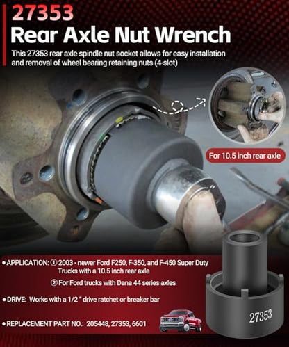 Sunluway 27353 Rear Axle Nut Wrench, 10.5 inches, for Ford F-250, F-350, F-450 Super Duty Trucks 2003 & Up, Rear Spindle Axle Hub Nut Socket Wrench Replace for OEM# 27353, Ford 205-448, OTC 6601,