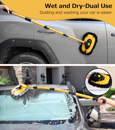 anngrowy 56.7" Car Wash Brush Mop Kit Mitt Sponge with Long Handle Car Cleaning Supplies Kit Tools Car Washing Duster Exterior Scratch Free, Chenille Replacement Head Extension Pole - color: Black