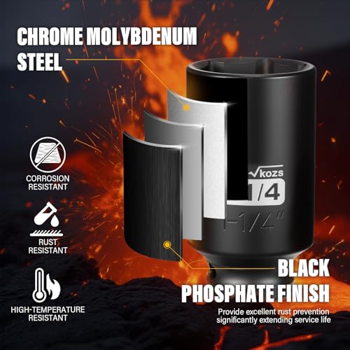 1/2 Inch Drive 1-1/4 Inch Deep SAE 6 Point CR-MO Impact Socket | Radius Corner Design,Square Chamfered Opening,Axle Nut Impact Grade Socket for Easy Removal - size: 1/2” Drive 1-1/4 Deep, style: 1/2" Drive Deep Socket