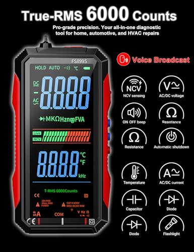 FS899S Smart Digital Multimeter, Automatic True RMS 6000 Counts, USB Rechargeable Voltmeter Ohmmeter with Full-Color LCD, Voice Broadcast & NCV, Volts Amp Ohm Tester for Automotive & Electricians