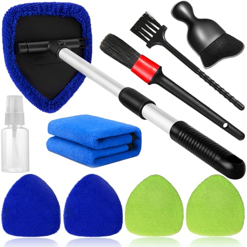 Qydipclin 10pcs Windshield Cleaning Tool Inside Car Window Cleaner Wash Kit with 4 Reusable Microfiber Pads 1 Spray Bottle and Extendable Handle Interior Auto Glass Wiper Kit, Blue&Green - color: Blue & Green