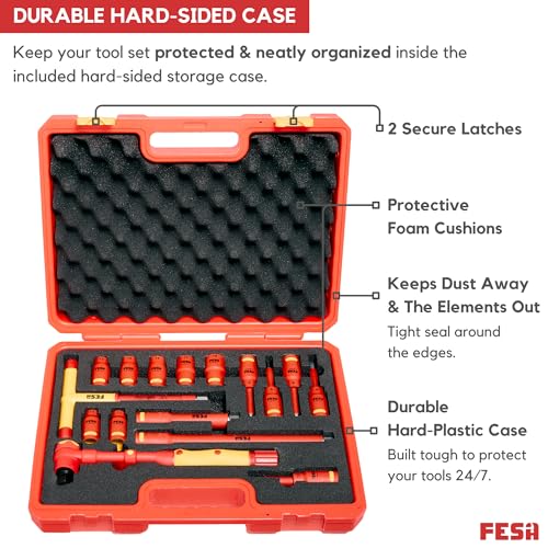 FESA 16-Piece Insulated Torque Wrench Set (1/2" Drive, 10-50 Nm Range) | with 7 Metric Sockets, 5 Hex Bit Sockets, 2 Extension Bars, T-Handle & Protective Case - style: 1/2" Drive, 10-50 Nm Wrench & Socket Set