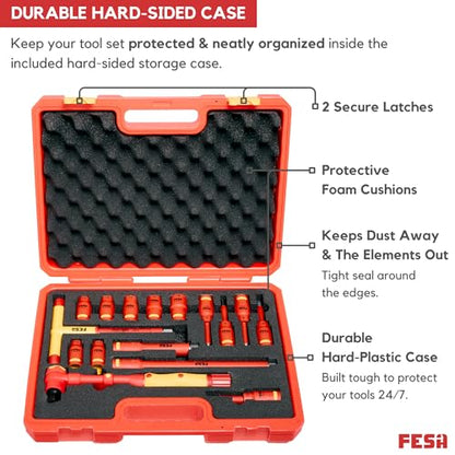 FESA 16-Piece Insulated Torque Wrench Set (1/2" Drive, 10-50 Nm Range) | with 7 Metric Sockets, 5 Hex Bit Sockets, 2 Extension Bars, T-Handle & Protective Case - style: 1/2" Drive, 10-50 Nm Wrench & Socket Set