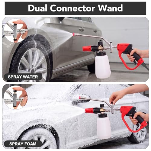 Foam Cannon for Pressure Washer, Dual Connector, 5000PSI Pressure Washer Gun, 2-in-1 Foam and Rinse Tool with 6 Nozzles, 1/4" Quick Connector for Car Truck SUV Washing - size: Dual Connector Kit