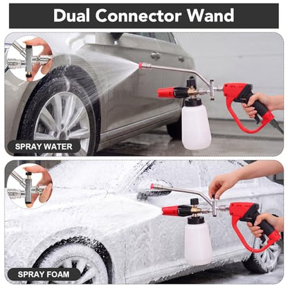 Foam Cannon for Pressure Washer, Dual Connector, 5000PSI Pressure Washer Gun, 2-in-1 Foam and Rinse Tool with 6 Nozzles, 1/4" Quick Connector for Car Truck SUV Washing - size: Dual Connector Kit