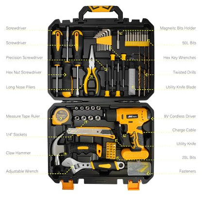 Drill Set, Tool Kit with 8V Power Cordless Drill, Household Repair Tool for Men Women, 154 Piece for Home, Car, Garage, Portable Toolbox Storage Case