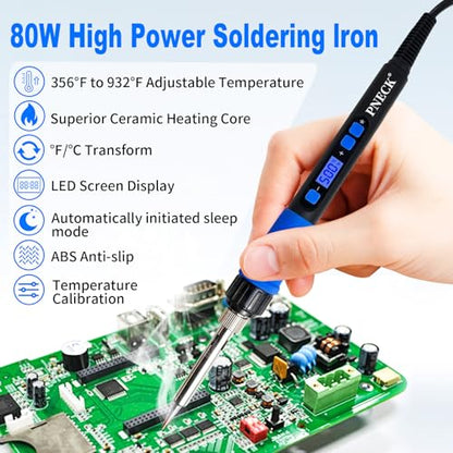 Soldering Iron Kit, 80W Soldering Iron Pen with Adjustable Temperature, LCD Display, ON/OFF Switch, 5 Tips, Solder Wire, Stand with Sponge, Pump, Paste, Tweezer, Blue