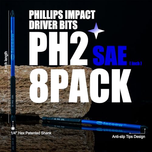 Facoow 8 Pcs Phillips Head Impact Driver Bits, #2 Phillips Head Screwdriver Bits Set, 6" S2 Alloy Steel Impact Bits, 1/4" Hex Shank Screwdriver Drill Bit, CNC Machined ph2 Impact Drill Bits - color: 6"*8pcs, size: PH2