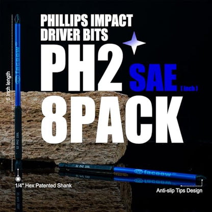 Facoow 8 Pcs Phillips Head Impact Driver Bits, #2 Phillips Head Screwdriver Bits Set, 6" S2 Alloy Steel Impact Bits, 1/4" Hex Shank Screwdriver Drill Bit, CNC Machined ph2 Impact Drill Bits - color: 6"*8pcs, size: PH2