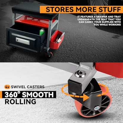 Auto Dynasty Universal Max 350 Lbs Red Stool Mechanic Rolling Creeper Seat with Tool Tray + Storage for Household Home Garage Warehouse Office