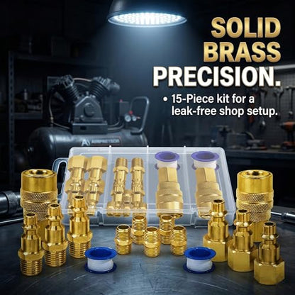 LE LEMATEC Air Compressor Hose Fittings Kit, 1/4 NPT | Solid Brass, 15-Piece, 3 Male 3 Female Plugs, 5 Dual Couplers, Teflon Tape, Leak-Proof, Pneumatic Tools, Storage Case