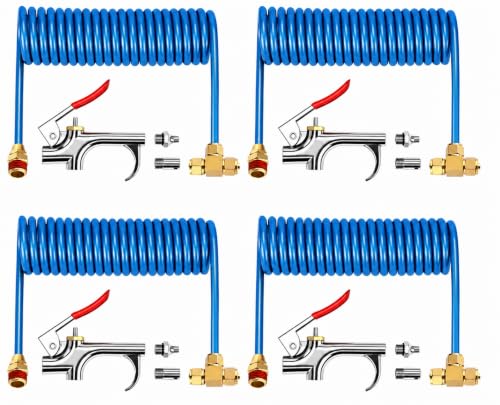 4 Set Air Blow Gun Kit with 11.5 ft Nylon Hose Heavy Duty Truck Air Seat Blow Gun Kit with 2 Interchangeable Nozzle Tips for Semi Truck 1/4 Inch Npt for Tractor Dust Clean(Blue,Brass) - color: Blue, style: Brass