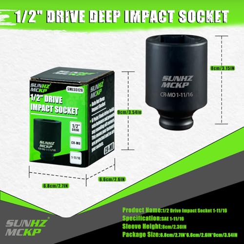 SUNHZMCKP 1/2” Drive Impact Socket, SAE 1-11/16 In Deep 6 Point Socket, CR-MO, Axle Nut Impact Grade Socket for Easy Removal (1-11/16) - color: Sae, size: 1-11/16 inch